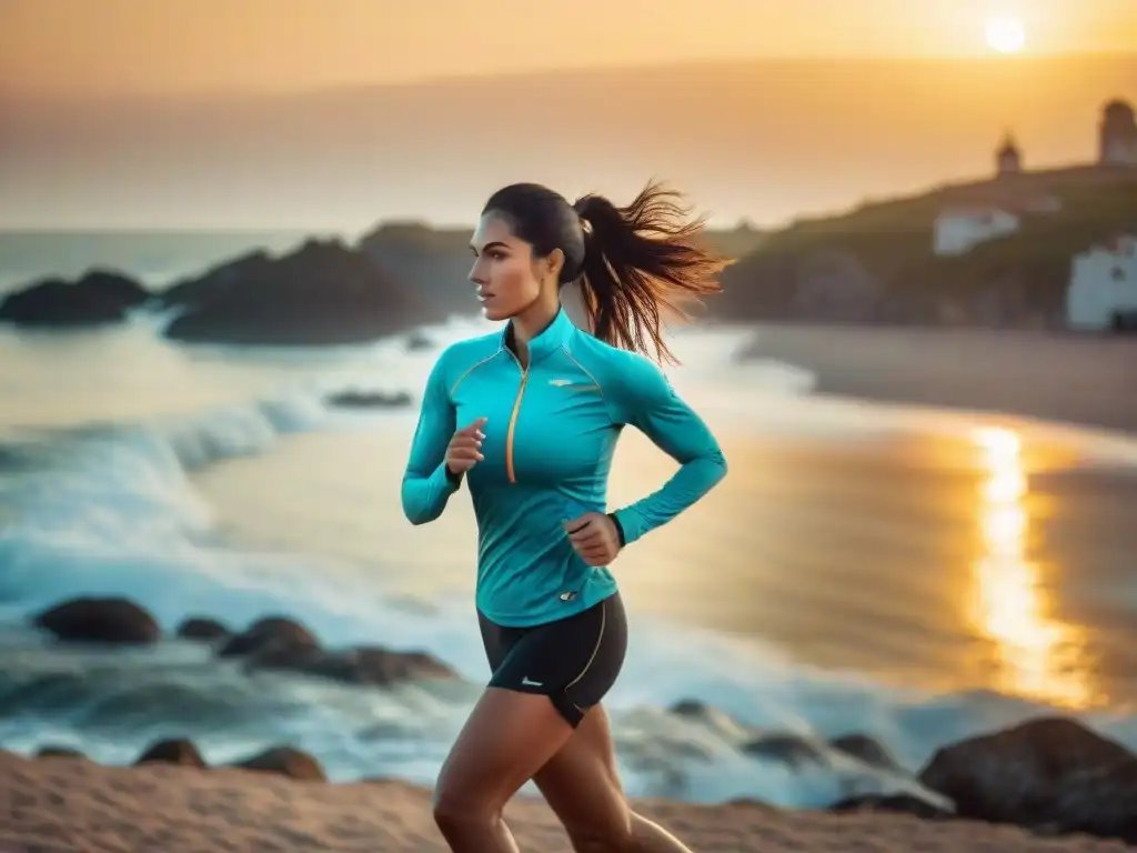 Persona usando dispositivo wearable fitness en la costa de Uruguay al amanecer