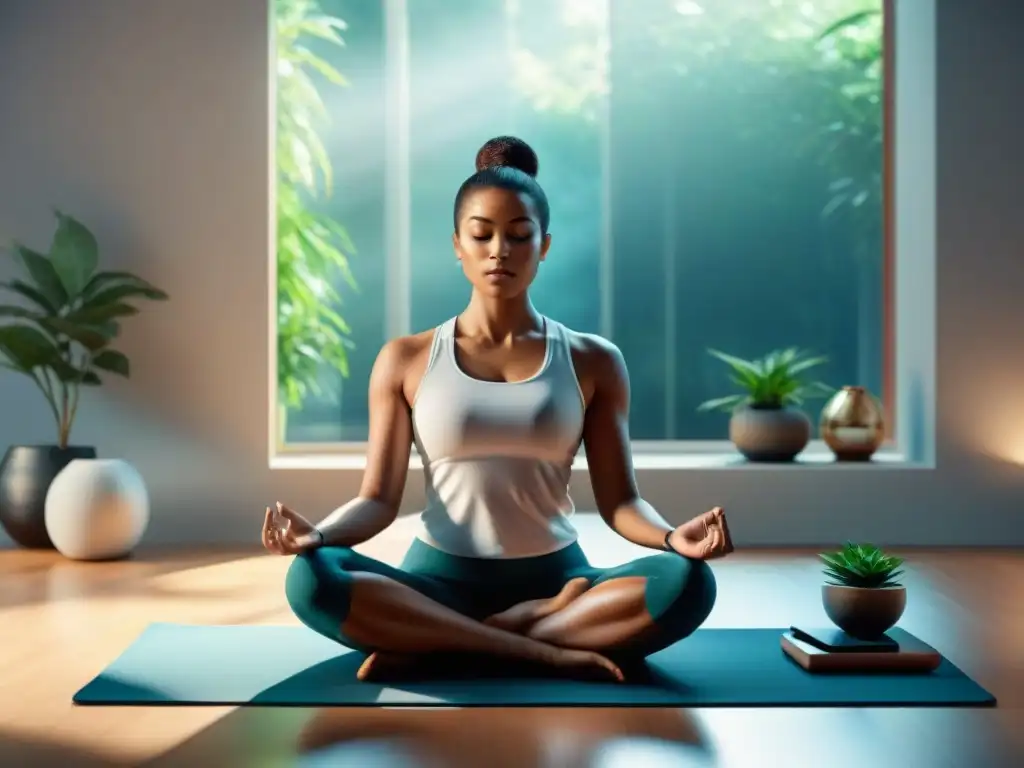 Persona meditando entre dispositivos digitales, fusionando tecnología y mindfulness