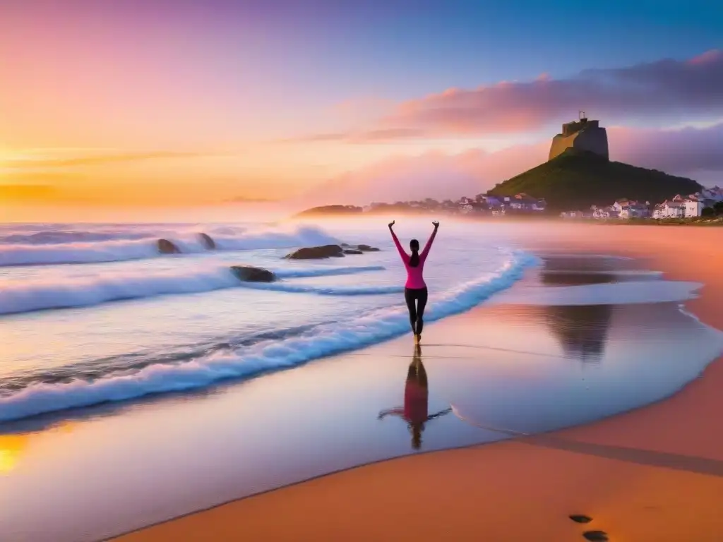 Persona haciendo ejercicios de estiramiento al atardecer en la playa de Uruguay