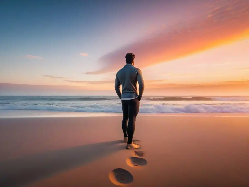 Persona haciendo ejercicios de estiramiento en la playa de Uruguay al amanecer, con olas suaves y cielo naranja y rosa