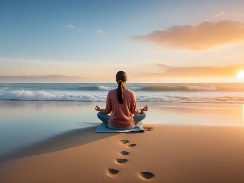 Persona practicando ejercicios de relajación mindfulness en una playa tranquila de Uruguay al atardecer