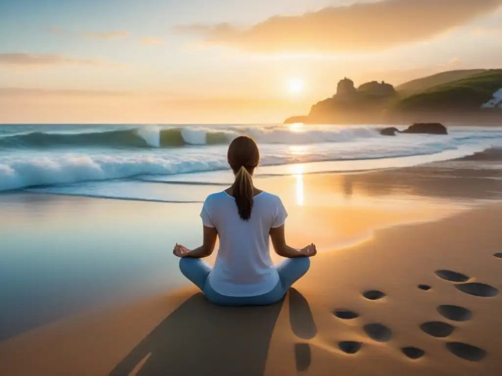 Persona practicando ejercicios de respiración en una playa tranquila de Uruguay al atardecer, creando una sensación de paz interior