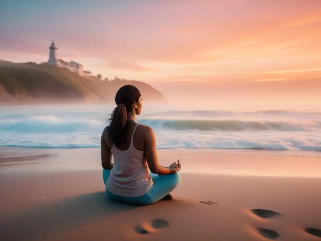 Persona practicando ejercicios de respiración en la playa al atardecer en Uruguay