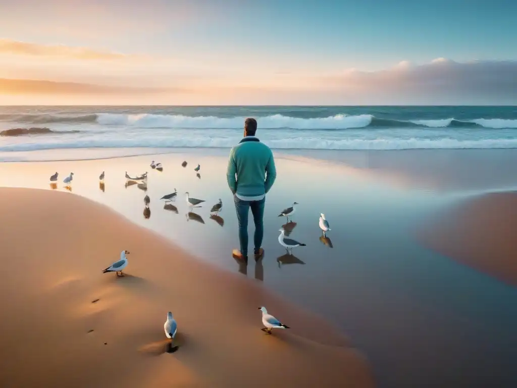 Persona practicando ejercicios de respiración en una playa de Uruguay al atardecer, rodeada de gaviotas bajo un cielo pastel