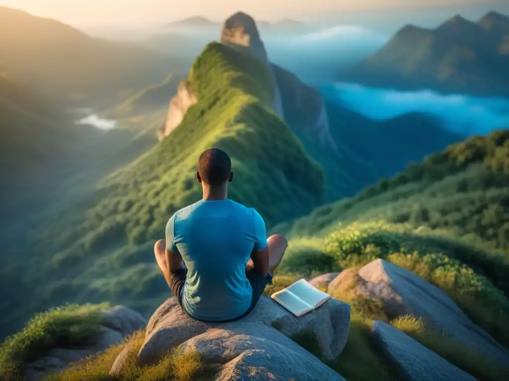 Persona enfocada meditando en la cima de la montaña al amanecer, rodeada de naturaleza, con cuaderno en mano