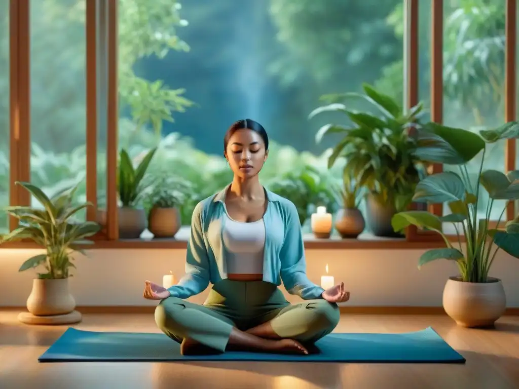 Persona meditando en un entorno sereno con plantas y velas, promoviendo estrategias para combatir la depresión