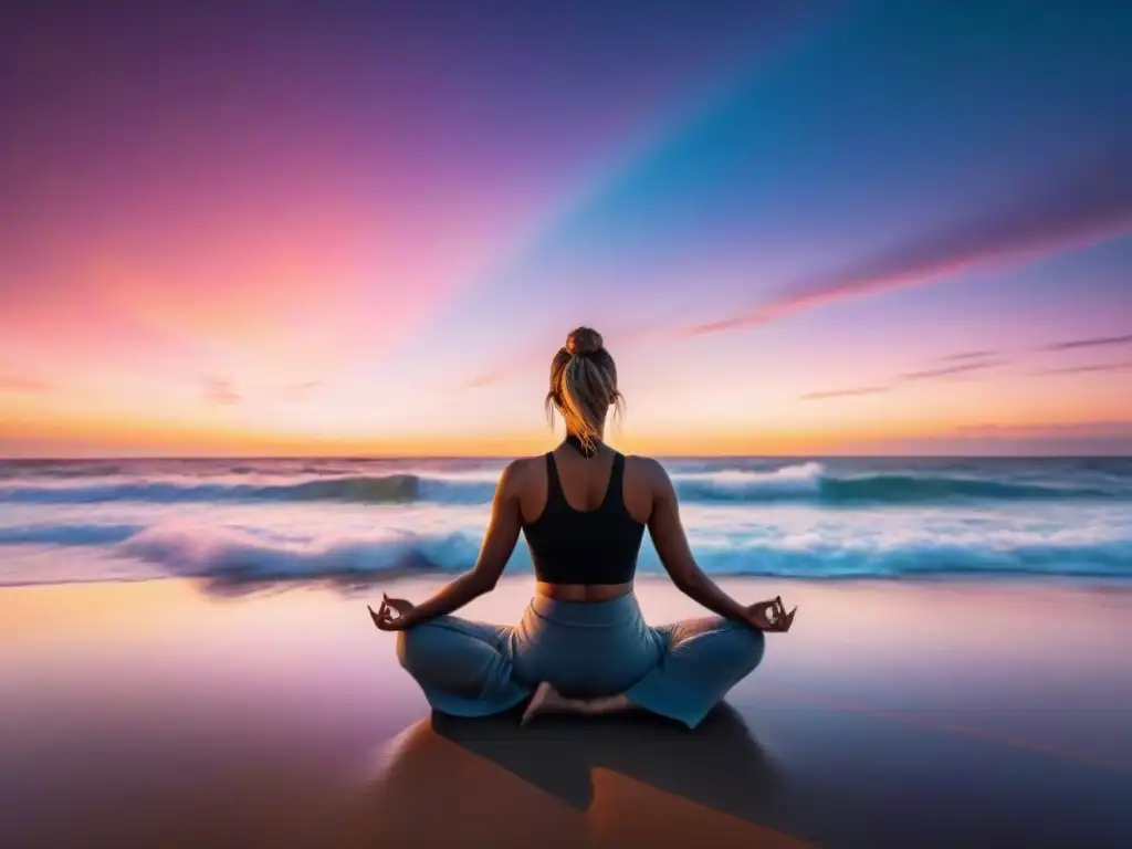 Persona en equilibrio practicando mindfulness en una playa de Uruguay al atardecer, con olas y cielo colorido