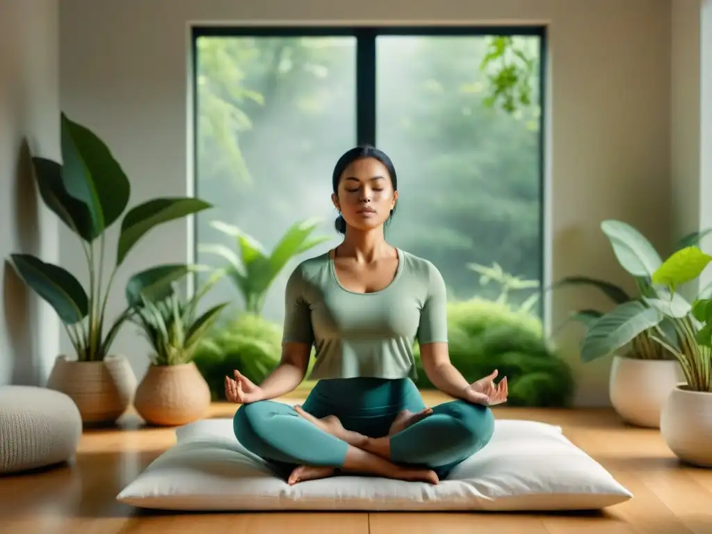 Persona meditando en un espacio sereno y moderno con plantas verdes y paleta de colores neutros