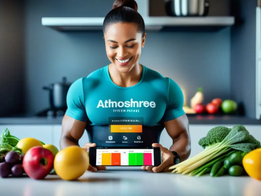 Persona feliz usando app de fitness en smartphone mientras prepara comida saludable en cocina moderna