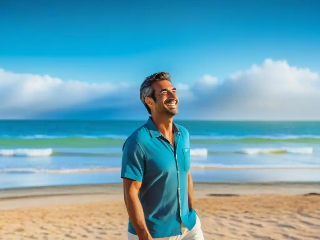 Persona feliz en playa soleada de Uruguay, con cielo azul, olas suaves y sombrillas coloridas