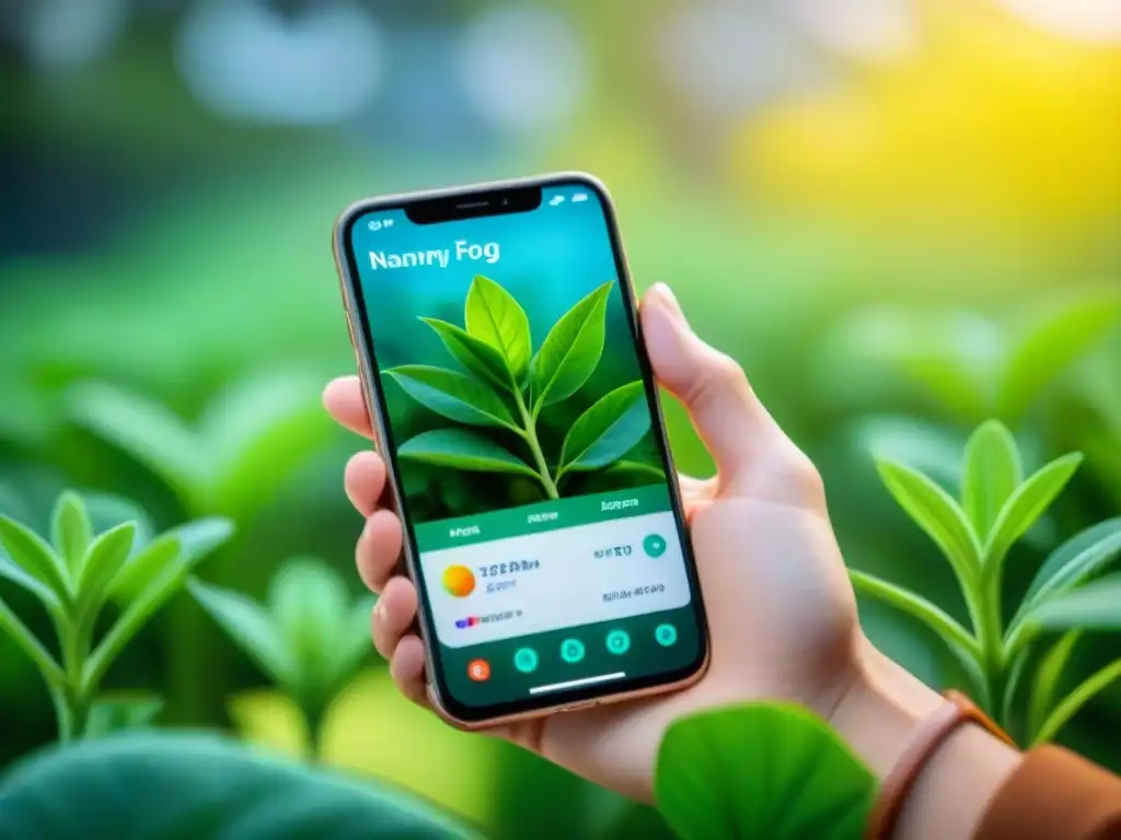 Persona feliz usando la app Plant Nanny en su smartphone, con diseño vibrante y recordatorios de hidratación