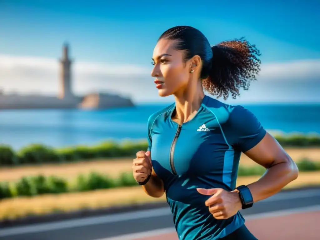 Persona con wearble fitness en la Rambla de Montevideo, Uruguay, vida activa y tecnología integradas