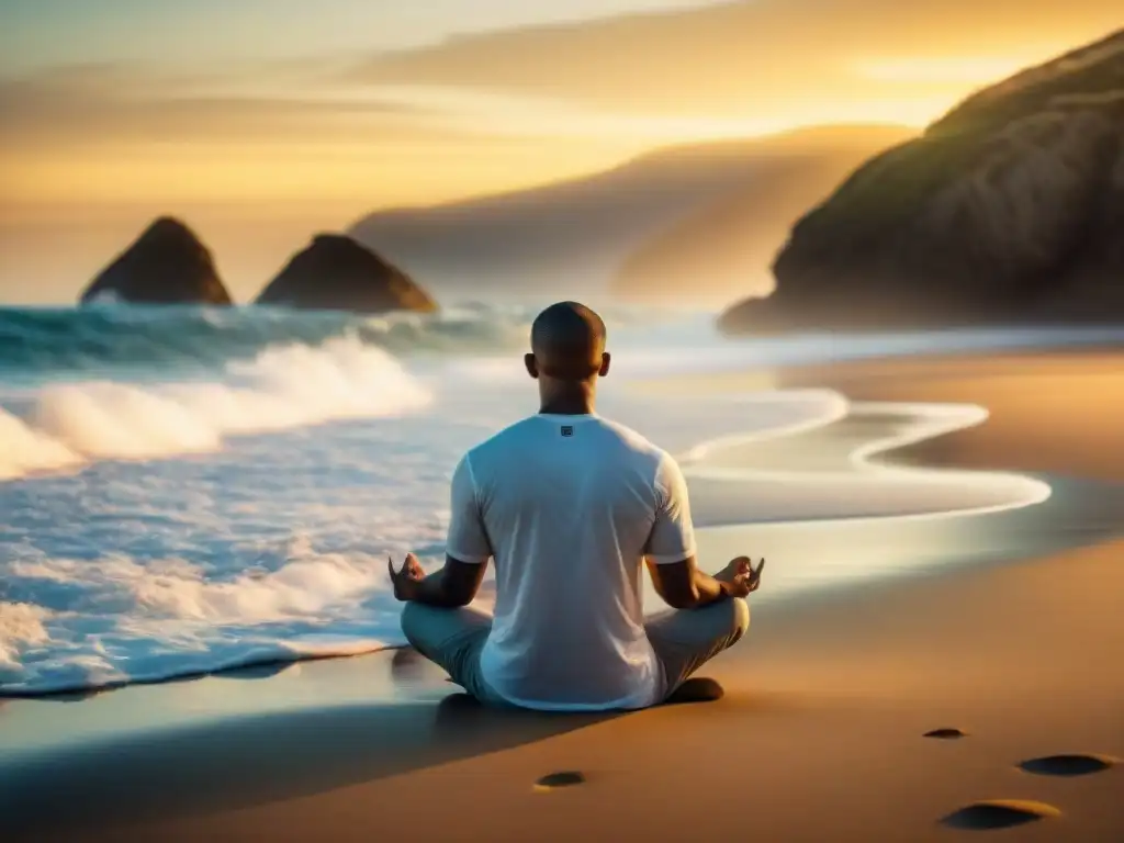 Persona en meditación frente al mar al amanecer, rodeada de luz dorada