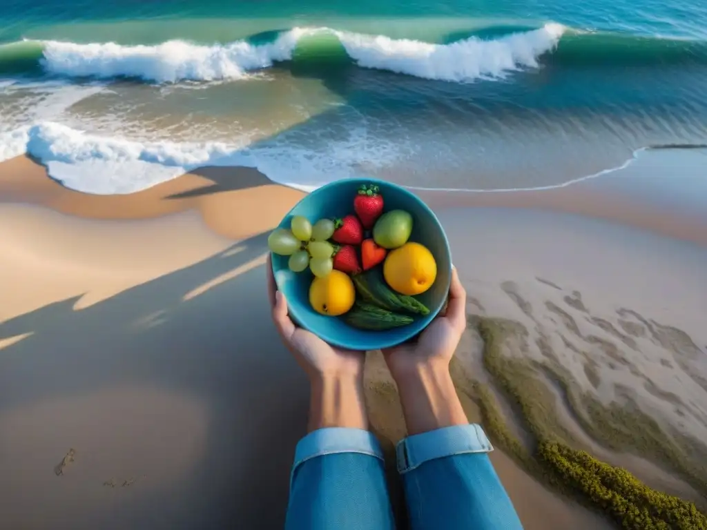 Persona disfrutando de frutas y verduras en la playa de Uruguay, escena de alimentación consciente