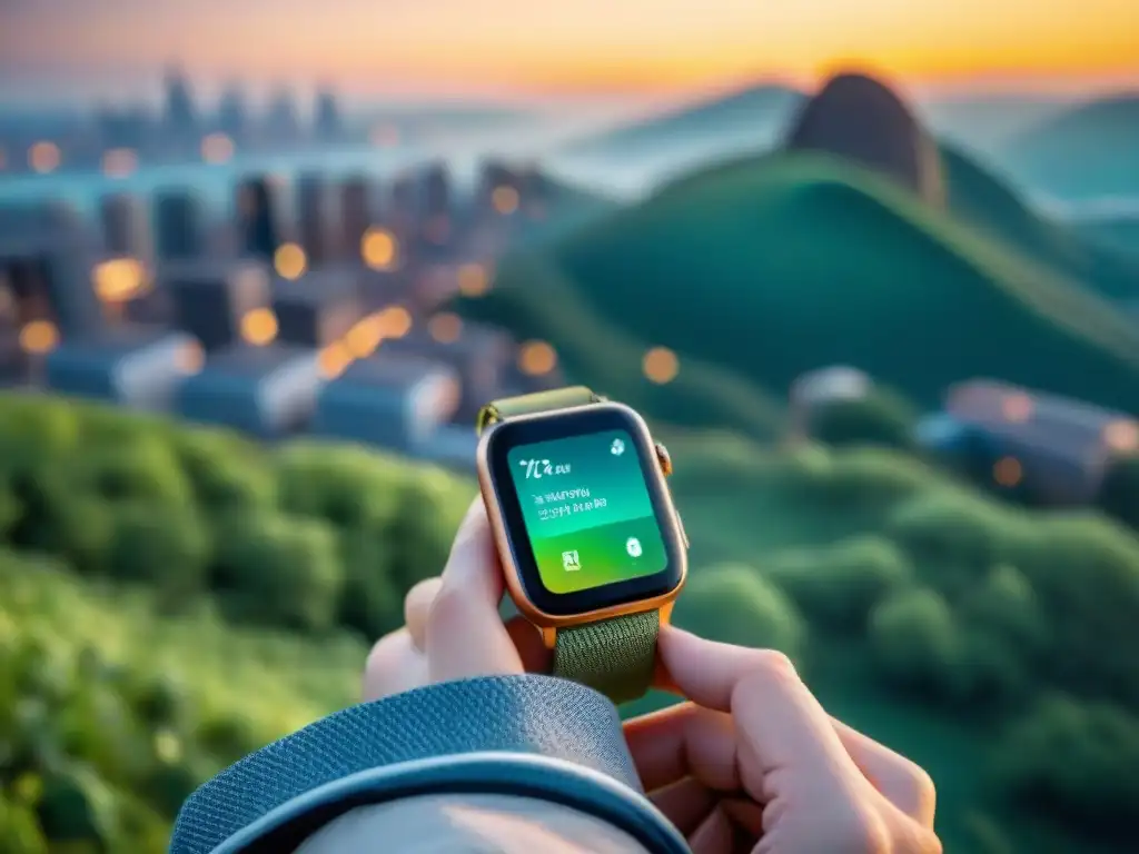 Persona en futuro urbano con smartwatch mostrando datos de salud, rodeada de sensores y ciudad futurista