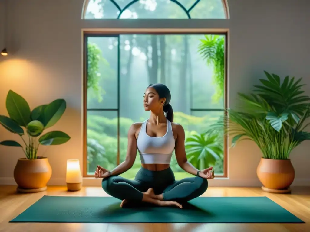 Persona meditando en habitación minimalista con ventana a bosque, fomentando bienestar mental y prevención adicción tecnológica