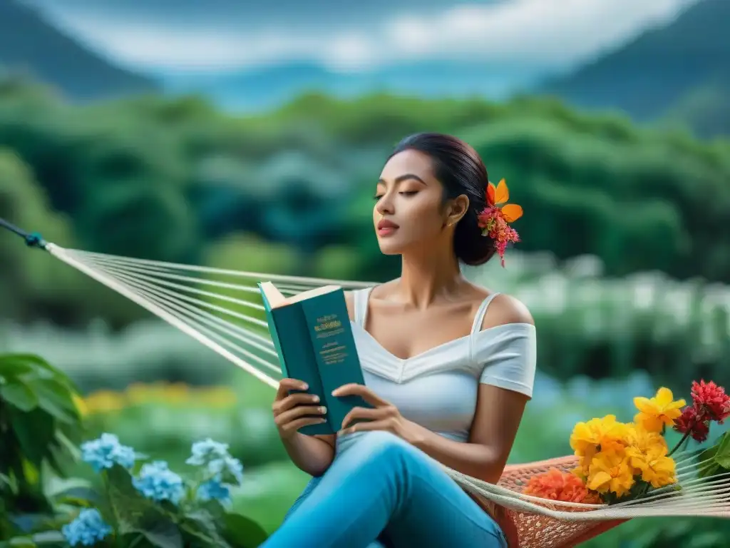 Persona leyendo en hamaca, rodeada de verde y naturaleza, transmitiendo paz y desconexión