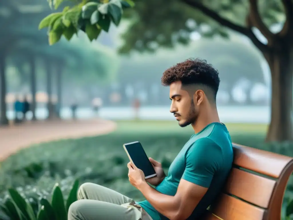 Persona joven leyendo en un banco de Montevideo, rodeada de naturaleza, con un celular apagado