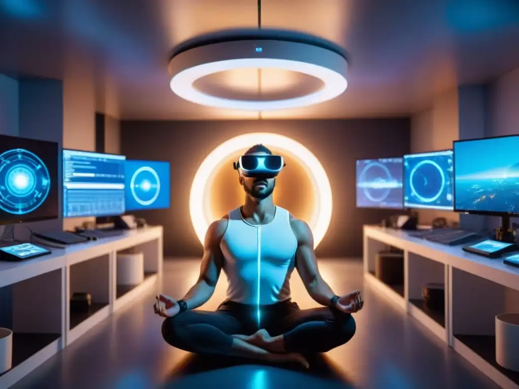 Persona meditando en laboratorio futurista de biohacking en Uruguay, rodeada de tecnología avanzada