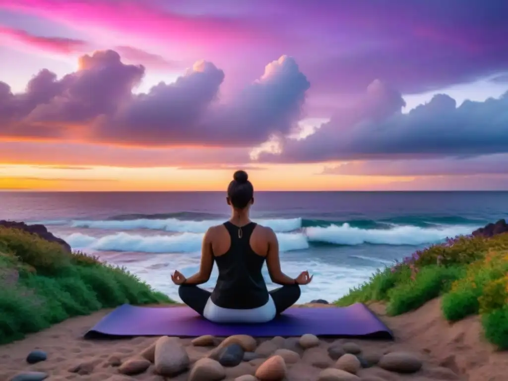 Persona meditando en Montevideo, contemplando el mar al atardecer