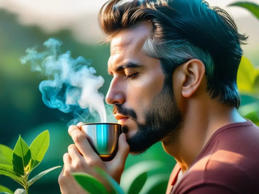 Persona disfrutando de mate en Uruguay, rodeada de naturaleza, reflejando la Terapia del mate para estrés