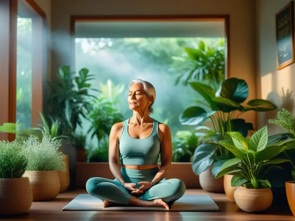 Tranquilidad y meditación para adultos mayores Persona mayor meditando en un ambiente tranquilo rodeada de plantas verdes, reflejando la importancia de la salud mental en adultos mayores