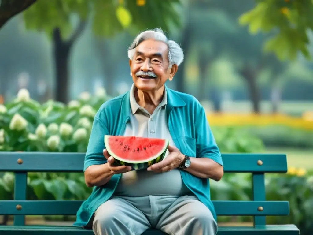 Una persona mayor disfrutando de la hidratación en la tercera edad con sandía fresca y limonada helada en un parque soleado