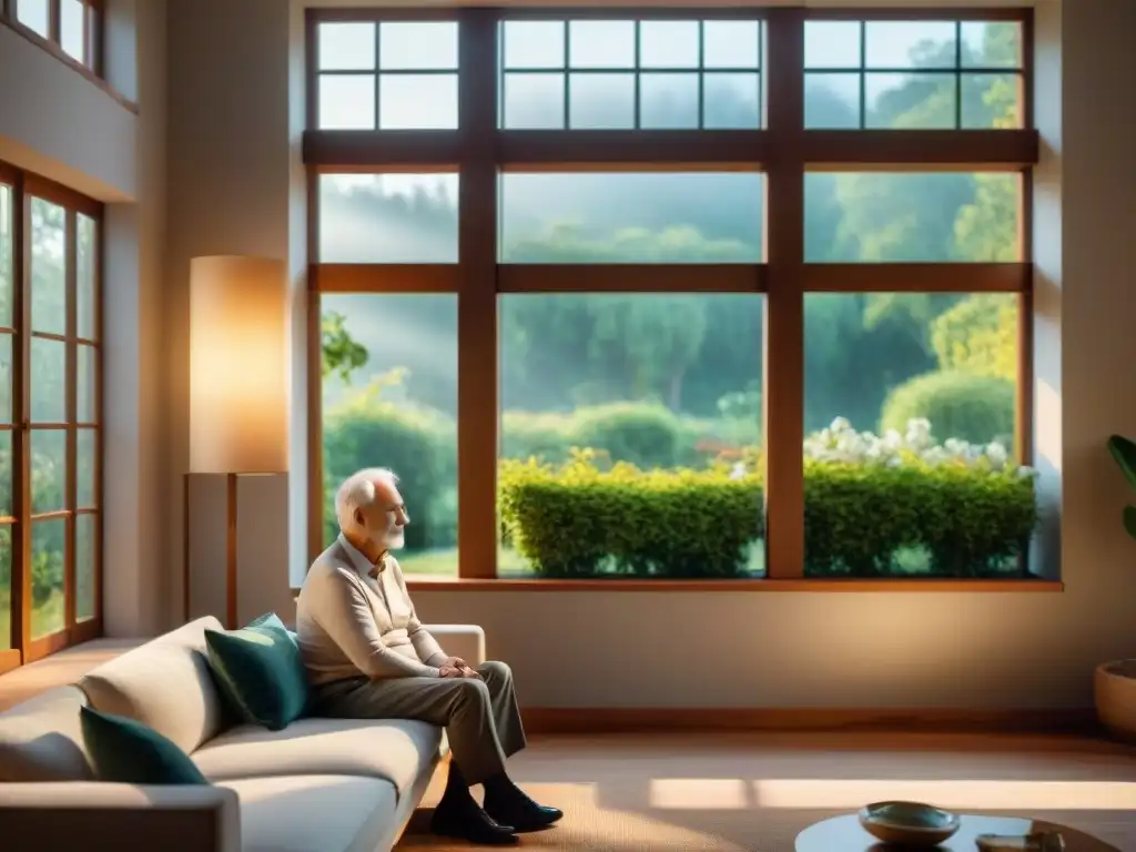 Retrato sereno de un anciano reflexivo en su hogar moderno Persona mayor reflexiva en ventana con jardín, reflejando paz y fuerza interna