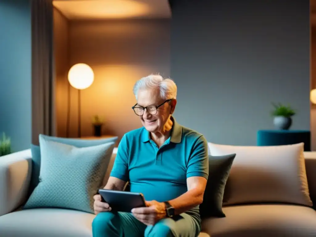 'Persona mayor sonriendo en sala con tecnología para seniors, tablet, reloj inteligente y asistentes por voz