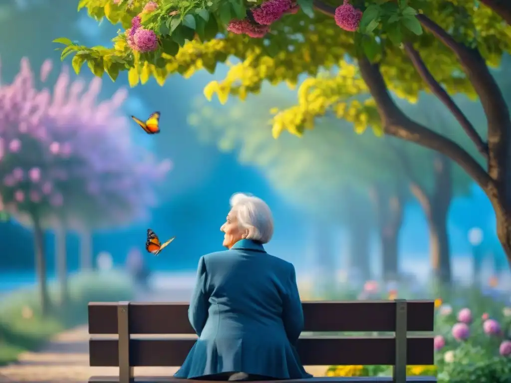 Retrato de serenidad: persona mayor sonriente rodeada de naturaleza y mariposas Persona mayor sonriente en banco de parque rodeada de naturaleza, expresando paz y esperanza
