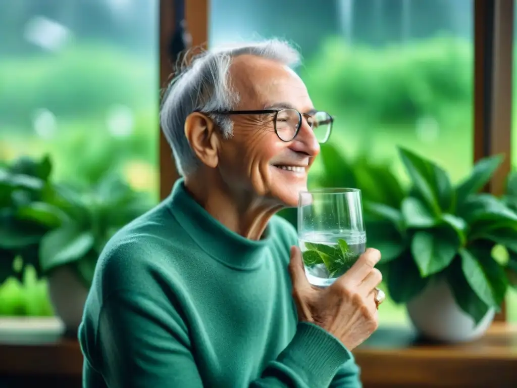 Persona mayor sonriente sosteniendo vaso de agua con condensación, en ambiente luminoso con plantas