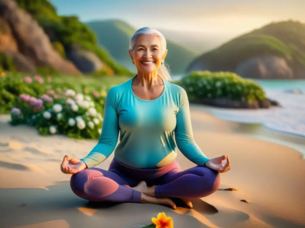 Persona mayor sonriente haciendo yoga en la playa al amanecer, rodeada de flores y vegetación, mostrando vitalidad y bienestar en la vejez