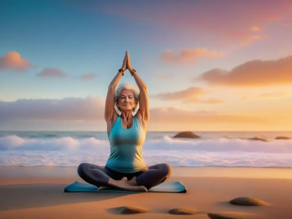 Persona mayor en Uruguay practicando yoga rejuvenecedor en una playa al atardecer, con colores vibrantes en el cielo y olas suaves de fondo