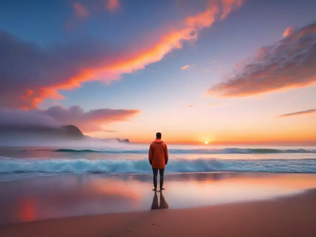 Persona practicando meditación en la playa al atardecer, rodeada de paz y tranquilidad