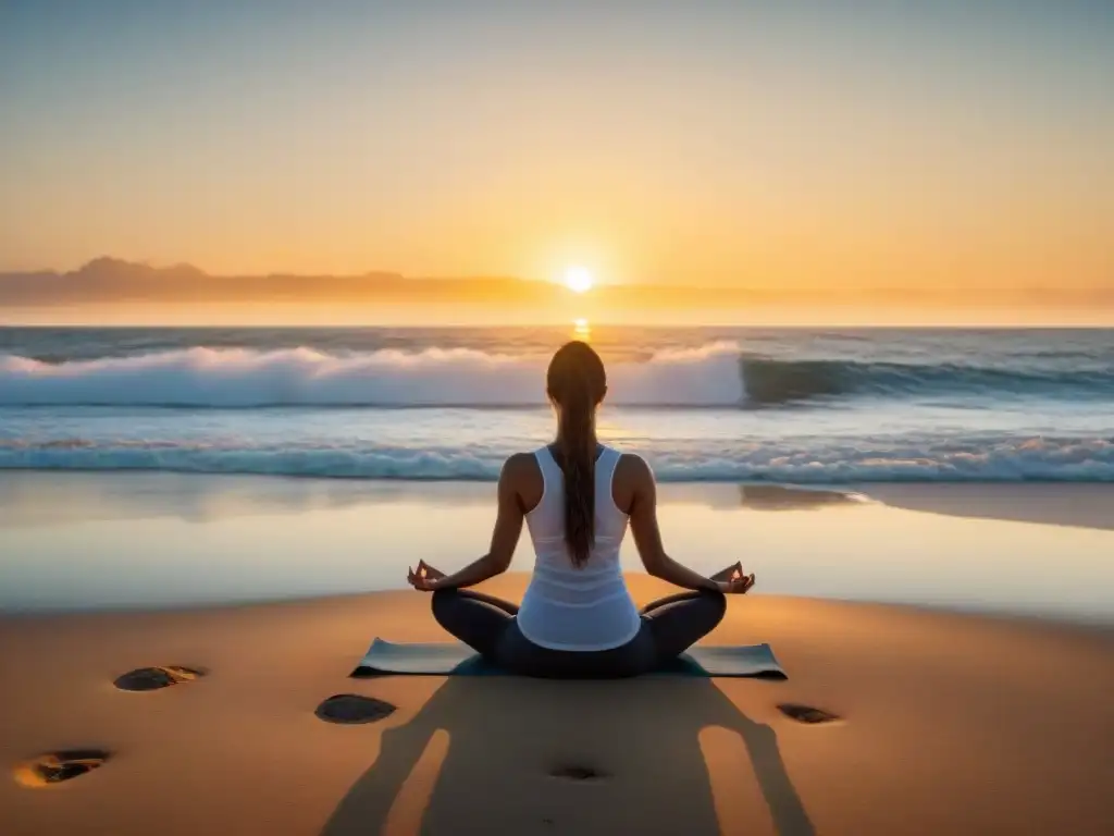 Persona en meditación profunda practicando yoga en una playa serena de Uruguay al atardecer, reflejando la relación bienestar emocional físico Uruguay