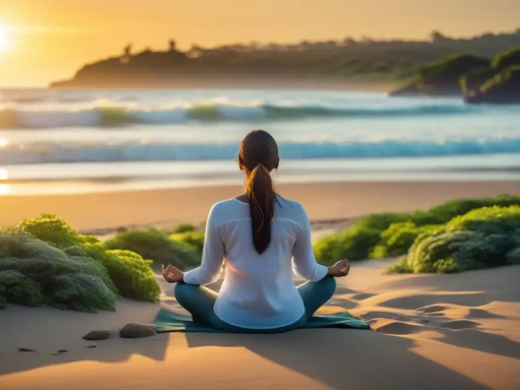 Persona practicando meditación trascendental en una playa de Uruguay al atardecer, transmitiendo paz y tranquilidad