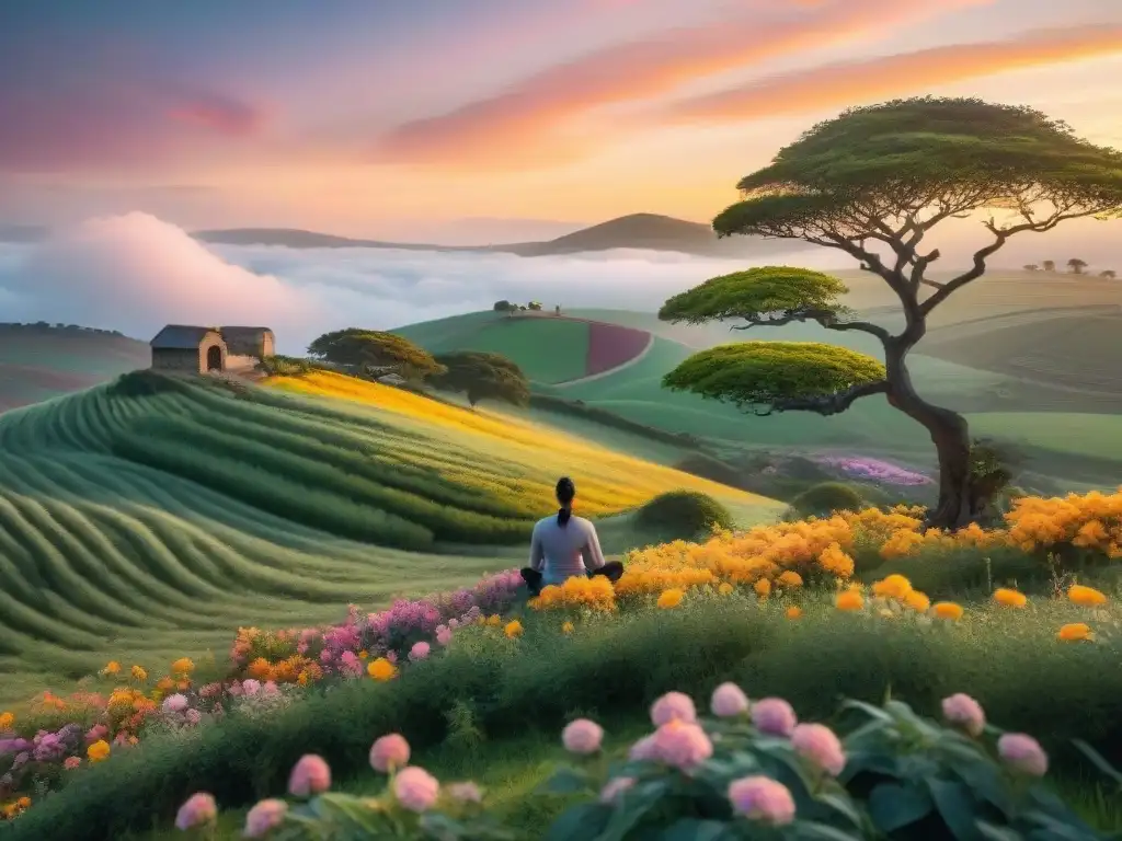 Meditación en Uruguay: persona practicando mindfulness bajo árbol florecido, rodeado de naturaleza colorida y mariposas, con cielo pastel al atardecer