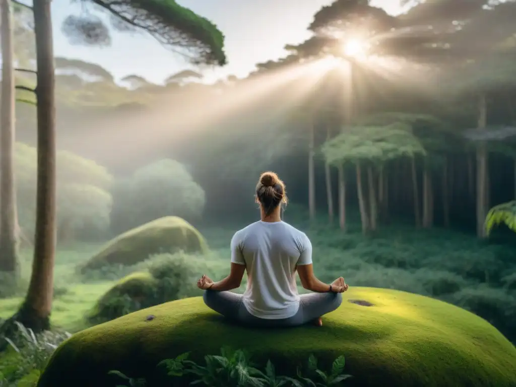 Persona practicando mindfulness en un bosque de Uruguay, rodeada de árboles altos y luz suave