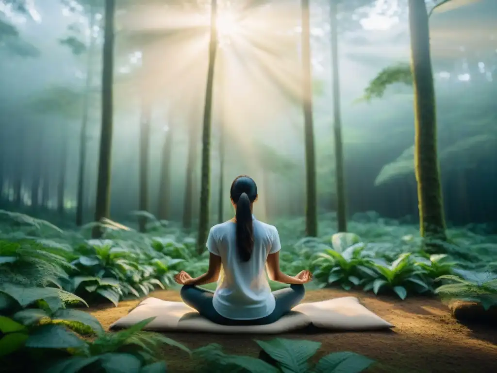 Persona practicando mindfulness en un bosque verde, transmitiendo paz y tranquilidad