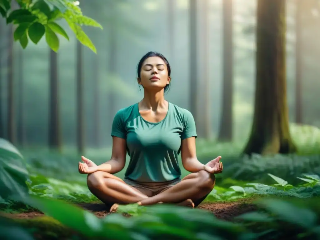 Persona practicando mindfulness en un bosque verde, transmitiendo tranquilidad y armonía