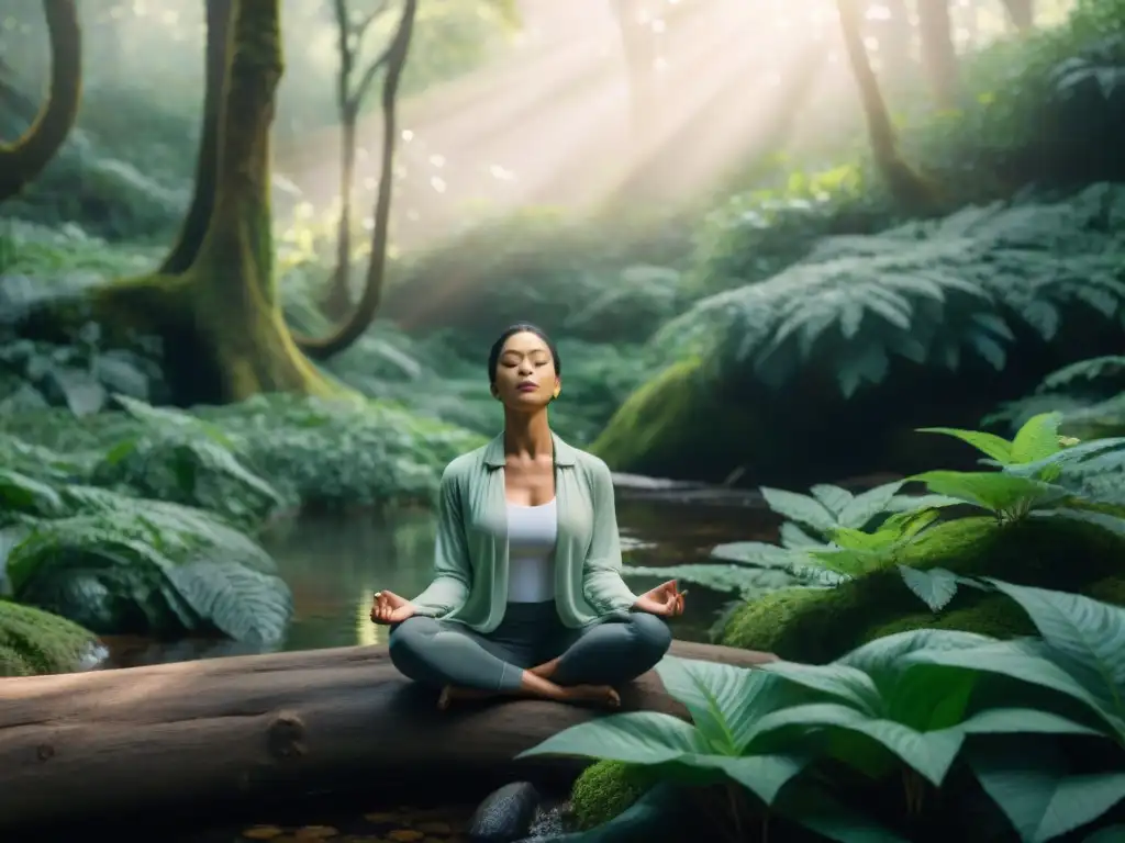 Persona practicando mindfulness en un bosque verde, transmitiendo calma y conexión con la naturaleza