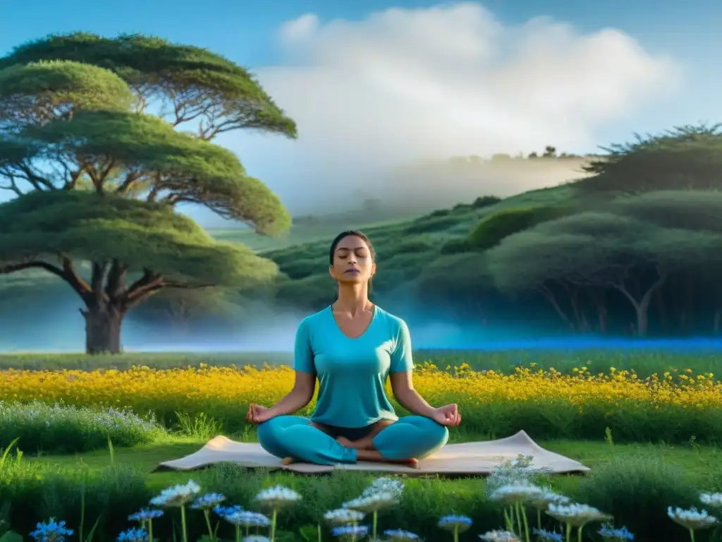 Persona practicando mindfulness en campo uruguayo, rodeada de flores silvestres y cielo azul