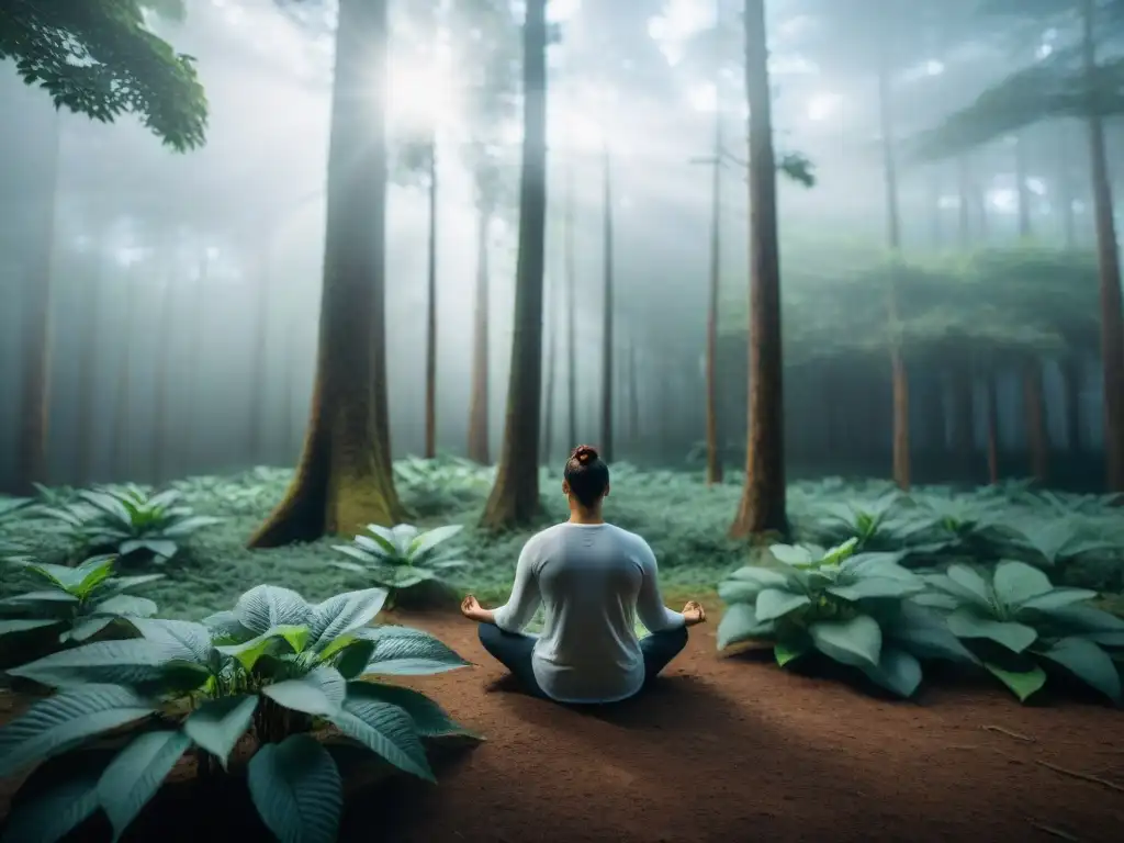 Persona practicando mindfulness en un frondoso bosque en Uruguay