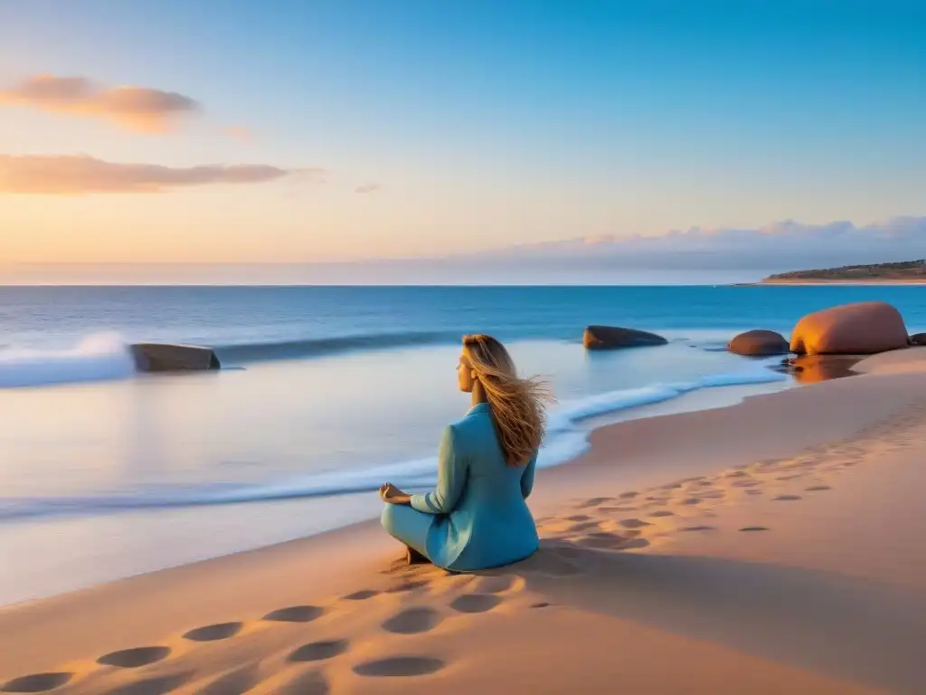 Persona practicando mindfulness en la orilla de Punta del Este, con 'La Mano' al fondo, fortaleciendo autoestima