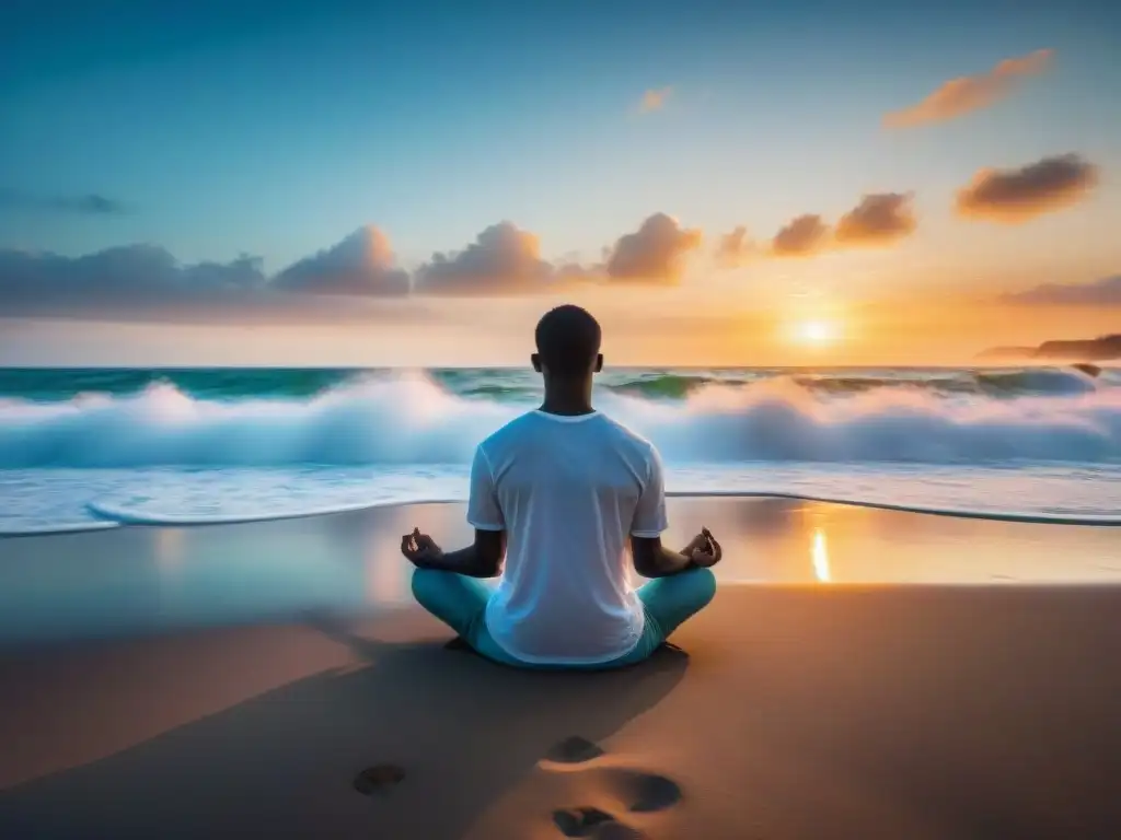 Persona practicando mindfulness al amanecer en la playa