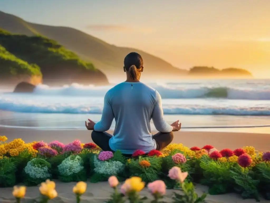 Persona practicando mindfulness en una playa de Uruguay al atardecer, transmitiendo paz