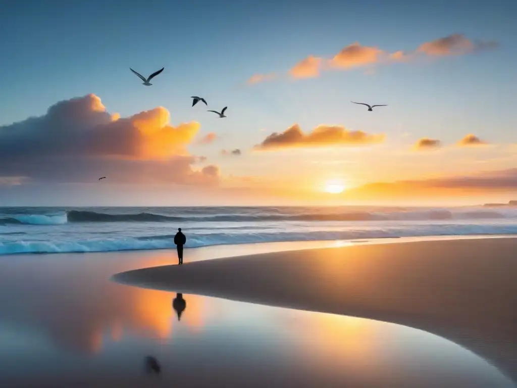 Una persona practicando mindfulness en la playa al atardecer en Uruguay, rodeada de gaviotas