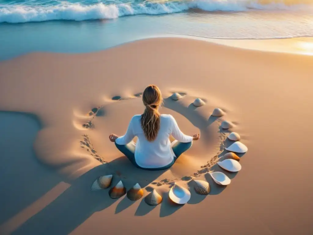 Persona practicando mindfulness en una playa de Uruguay al atardecer, rodeada de calma y serenidad