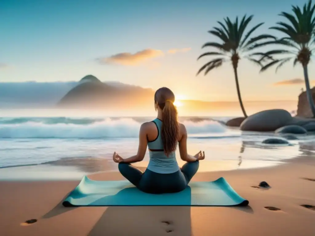 Persona practicando mindfulness en la playa de Uruguay al atardecer, con olas suaves y palmeras al fondo