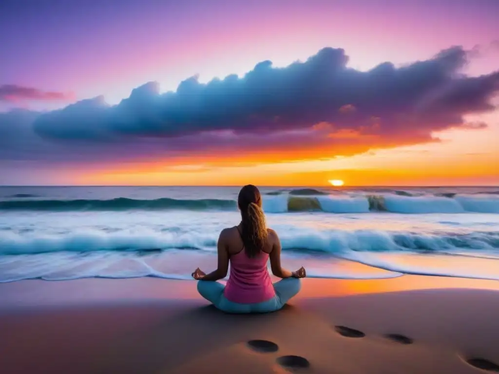 Persona practicando mindfulness en una playa de Uruguay al atardecer, con una atmósfera serena y tranquilizadora